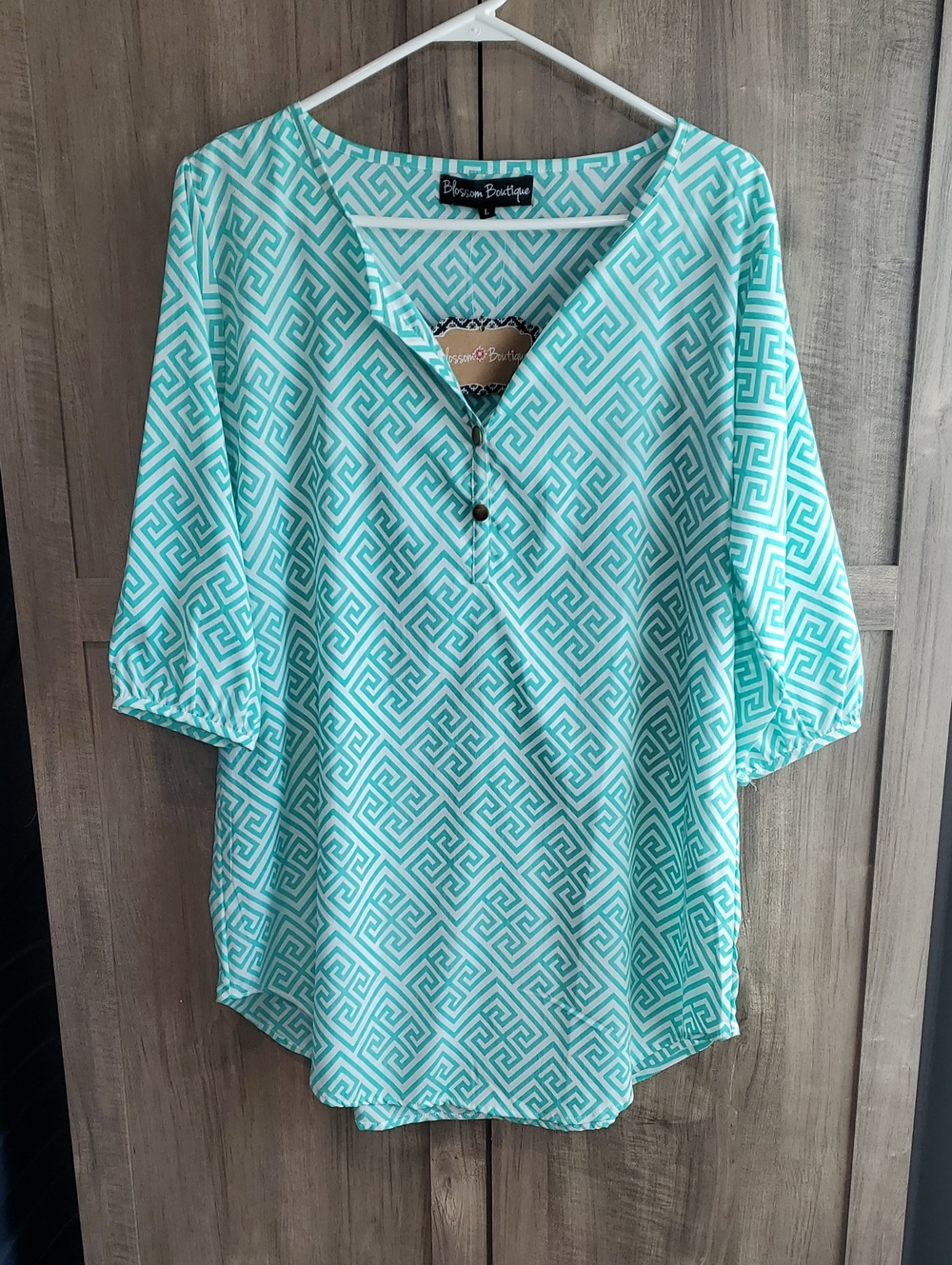 Teal Geo-Print V-Neck Women's Top